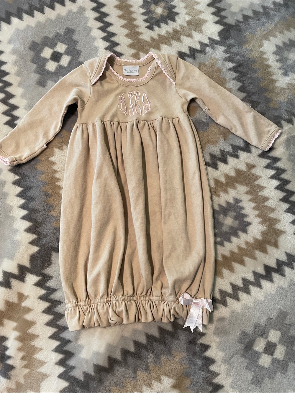 Baby Girl Soft Tan Gown with Pink Trim - BHI Monogram Detail